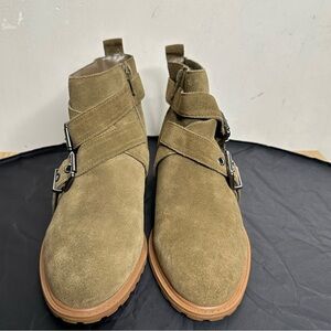 Bleecker and Bond Kelsey Tan Leather Suede Buckle Strap Ankle Booties 6M Moto